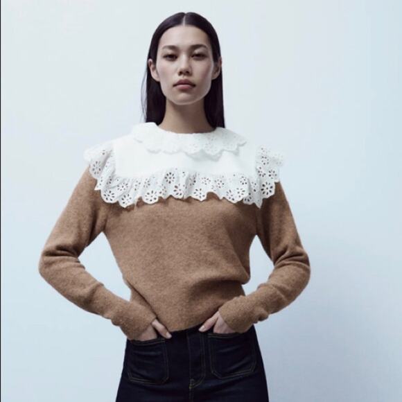 Zara wool blend brown sweater with contrasting collar Small - Picture 5 of 12